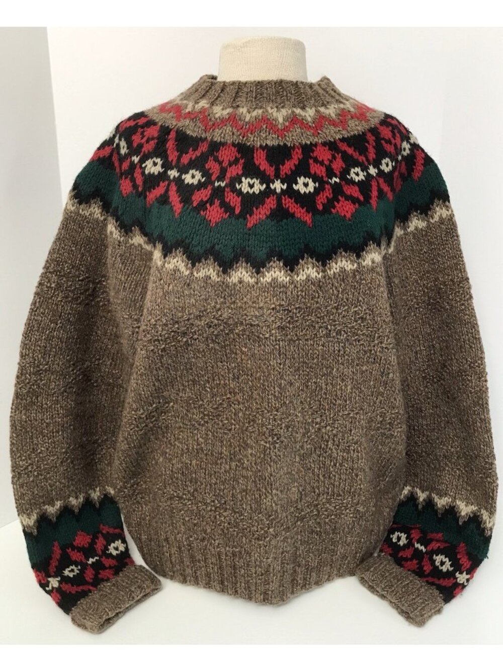 Vintage Gap Sweater Men's Large Wool Hand Knit Fair Isle Nordic Brown Red Green